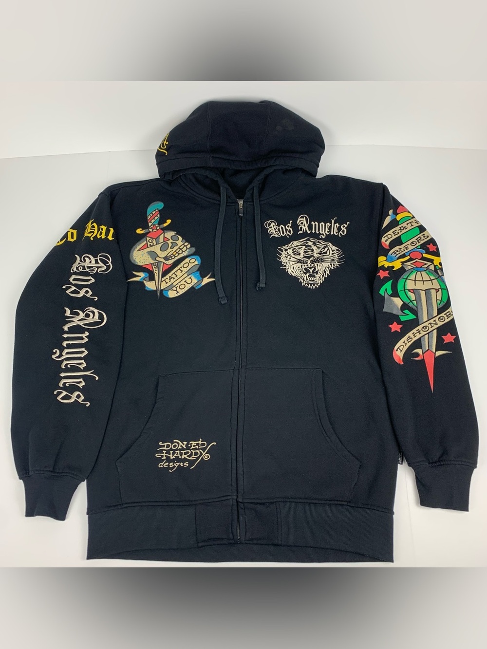 Vintage Ed Hardy Hoodie Los Angeles Melrose Tattoo Tiger Y2k Zip Jacket Size XL